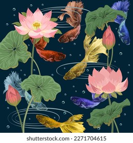 Illustration with beautiful fish and flowers.Vector illustration with colorful fish and water lilies on a colored background.