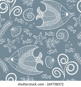 Illustration with beautiful fish, starfish, shells and algae.Seamless pattern with hand drawn sea creatures. Vector illustration.