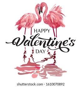 Illustration of beautiful flamingos. Valentine's day card.