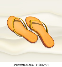 The illustration of beautiful flipflops on the seashore. Vector image.