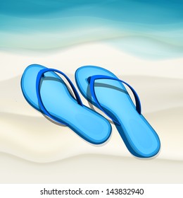 The illustration of beautiful flipflops on the seashore. Vector image.