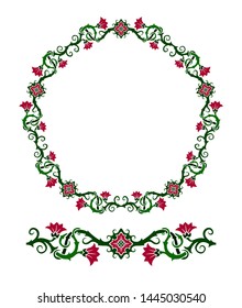 Illustration with beautiful floral wreath and seamless paint brush on white background