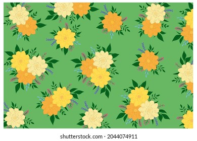 Illustration of beautiful flowers with leaves on a green background