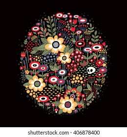 Illustration with beautiful flowers in oval shape on dark background. There is a skull lying among them. Metaphor of life and death.
