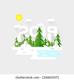 Illustration of beautiful forest, christmas tree scene. Winter landscape in flat style. Sunny day. Background. Mountains, forest, water, camping, hiking, tourism. Text