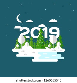 Illustration of beautiful forest, christmas tree scene. Winter landscape in flat style. Evening, night. Background. Mountains, forest, water, camping, hiking, tourism. Text