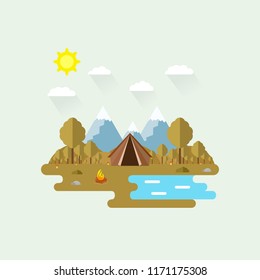 Illustration of beautiful forest scene. Autumn landscape in flat style. Sunny day. Background. Tent, mushrooms, trees, stones, campfire, mountains, forest and water. Camping,summer camp,hiking,tourism