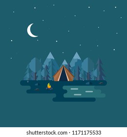 Illustration of beautiful forest scene. Night landscape in flat style. Background. Tent, mushrooms, trees, stones, campfire, mountains, forest and water. Camping, summer camp, hiking, nature tourism.