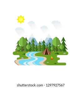 Illustration of beautiful forest scene. Summer landscape in flat style. Sunny day. Background. Tent, mushrooms, trees, stones, campfire, mountains, forest and water. Camping,summer camp,hiking,tourism