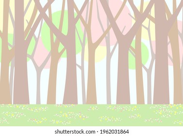 Illustration of a beautiful forest of trees where spring has come and flowers are in bloom. Vector illustration.