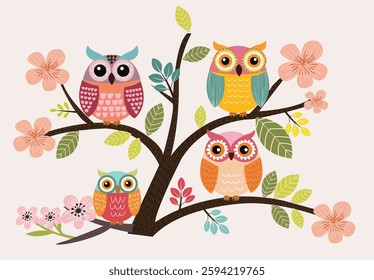 illustration Beautiful funny colorful owls sitting on the branch owls on the tree with blossom design element