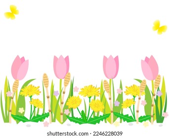 Illustration of a beautiful garden with tulips and dandelions.