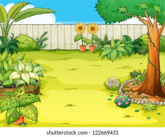 Illustration of a beautiful garden and various plants
