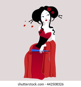 illustration of a beautiful geisha in red dress with fan in hand. very gentle and passionate woman with flowers in her hair. Suitable for business cards.. Japanese menu. on a white background