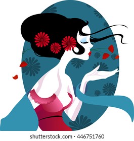 illustration of a beautiful geisha in red dress. very gentle and passionate woman with flowers in her hair. Suitable for business cards. Japanese menu. on a white background