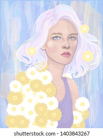 
illustration of a beautiful gentle girl blonde dressed in dandelions and daisies like a summer shirt