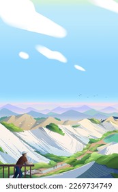 Illustration of beautiful geological landscape of TianLiao Moon World in Kaohsiung, Taiwan. Tourist enjoying the view of lake and mountains from staircase platform.
