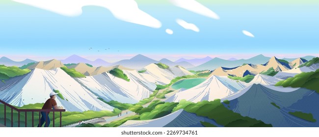 Illustration of beautiful geological landscape of TianLiao Moon World in Kaohsiung, Taiwan. Tourist enjoying the view of lake and mountains from staircase platform.