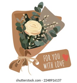 Illustration of a beautiful gift bouquet isolated on a white background in a flat style. A bouquet in a craft package with a greeting tag. Printing on paper and textiles of postcards, banners, thanks