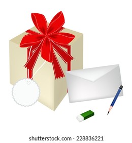 Illustration of Beautiful Gift Box with Postcard and Letter, A Perfect Gift or Present for Someone Special. 