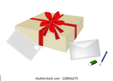 Illustration of Beautiful Gift Box with Postcard and Letter, A Perfect Gift or Present for Someone Special. 