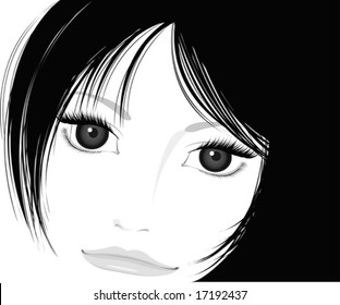 illustration of beautiful girl, black and white