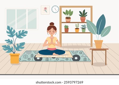  illustration Beautiful girl doing yoga. Woman in room with pictures on wall, potted plants, home decor. Peaceful woman relaxing in lotus pose on yoga blanket