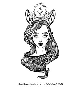 Illustration with beautiful girl Dryad. Mythical female deer. Tattoo print, coloring books or print clothes.