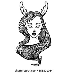 Illustration with beautiful girl Dryad. Mythical female deer. Tattoo print, coloring books or print clothes.