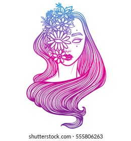 Illustration with beautiful girl Dryad. Mythical female with floral mask. Tattoo print, coloring books or print clothes.