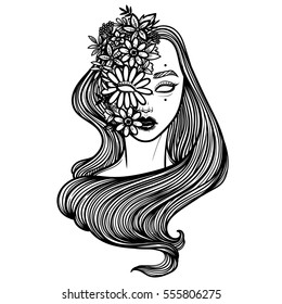 Illustration with beautiful girl Dryad. Mythical female with floral mask. Tattoo print, coloring books or print clothes.