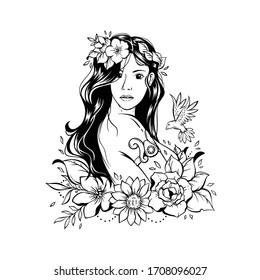 Illustration beautiful girl with floral svg
