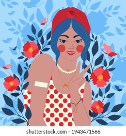 Illustration of a beautiful girl in flowers and butterflies showing vaccinated arm.  Character illustration in cartoon style. Bright summer print.