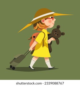 illustration of a beautiful girl going on vacation, pulling a suitcase and holding a doll