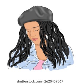 Illustration of a beautiful girl with a hat on her head and closed eyes