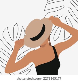 Illustration of a beautiful girl with a hat and a tropical leaf on a light gray background