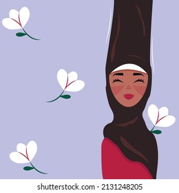 An illustration with a beautiful girl in a hijab on her head. It can be used for postcards, website design, printing and much more. Lilac background with white flowers.