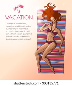 Illustration of beautiful girl on the beach