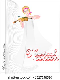 Illustration of beautiful girl playing violin. Book cover for kids fairy tale. Poster for musical concert. Modern print. Abstract background for show. Young Talent Competition. Vector cartoon image.