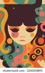 illustration of beautiful girl  Psychedelic or hippie style backgrounds. Abstract vector flat color poster