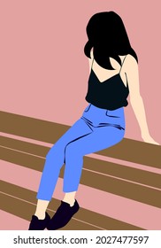 
illustration of a beautiful girl with shoulder-length black hair, sitting relaxed in casual style, in a black tanktop and blue jeans