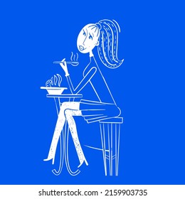 Illustration of a beautiful girl sits on a chair at the table and has lunch. Snack, business lunch.  White illustration on blue background.