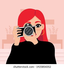 Illustration of beautiful girl taking a picture. Vector in EPS format.