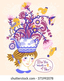 Illustration of a beautiful girl and tea cups and floral element