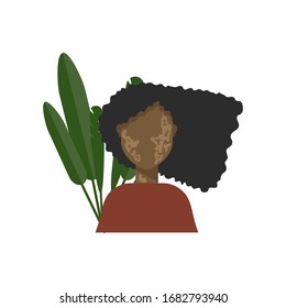 Illustration of a beautiful girl with vitiligo. Young woman and foliage behind. The girl shows her skin and face. Vector illustration, perfect for showing the concept of a variety of skin color and