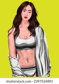 Illustration of beautiful girl wearing sports bra and hoodie vector design