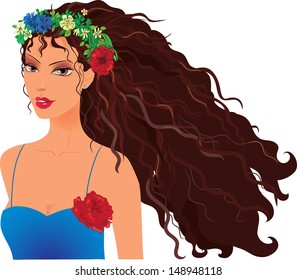 illustration of a beautiful girl with a wreath of flowers and flowing hair