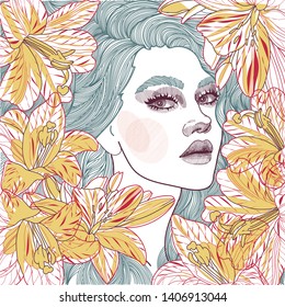illustration of a beautiful girl`s face among large flowers of lilies 