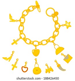 Illustration of beautiful golden bracelet full of cute charms