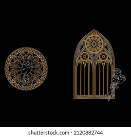 Die Illustration mit schönem gotischen Fenster und Rose 